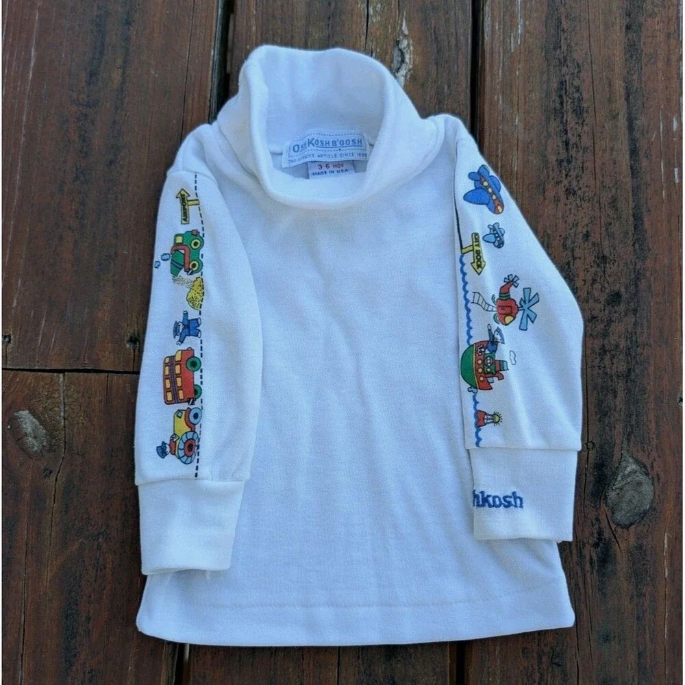 VTG 3-6M OshKosh B'gosh 80s BABY Turtleneck Long Sleeve graphic Primary USA